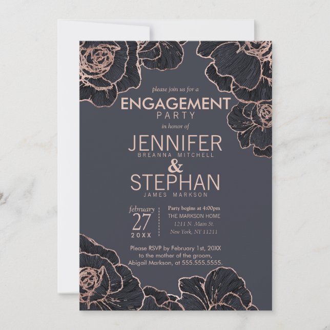 Rose Gold Navy Blue Flowers Engagement Party Invitation (Front)