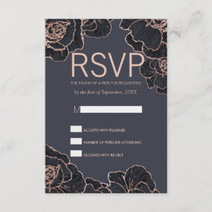 Rose Gold Navy Blue Flowers RSVP Cards