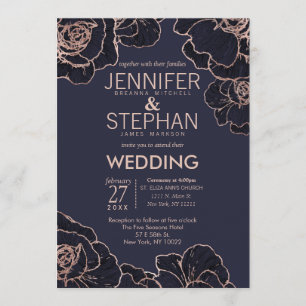 Rose Gold Navy Blue Flowers Wedding Invitations