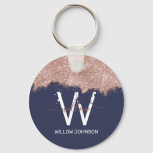 Rose Gold Navy Blue Girly Glitter Dust Monogram Key Ring