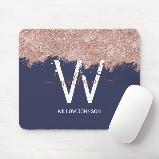 Rose Gold Navy Blue Girly Glitter Dust Monogram Mouse Pad (With Mouse)