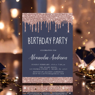Rose Gold Navy Blue Glitter Any Age Birthday Invitation