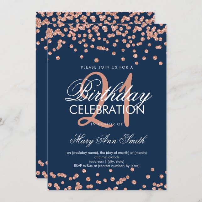 Rose Gold Navy Blue Glitter Confetti 21st Birthday Invitation (Front/Back)