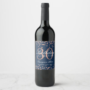 Rose Gold Navy Blue Glitter Confetti 30th Birthday Wine Label