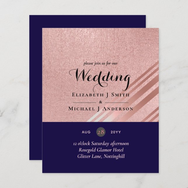 Rose Gold Navy Blue Glitter Foil Look WEDDING (Front/Back)
