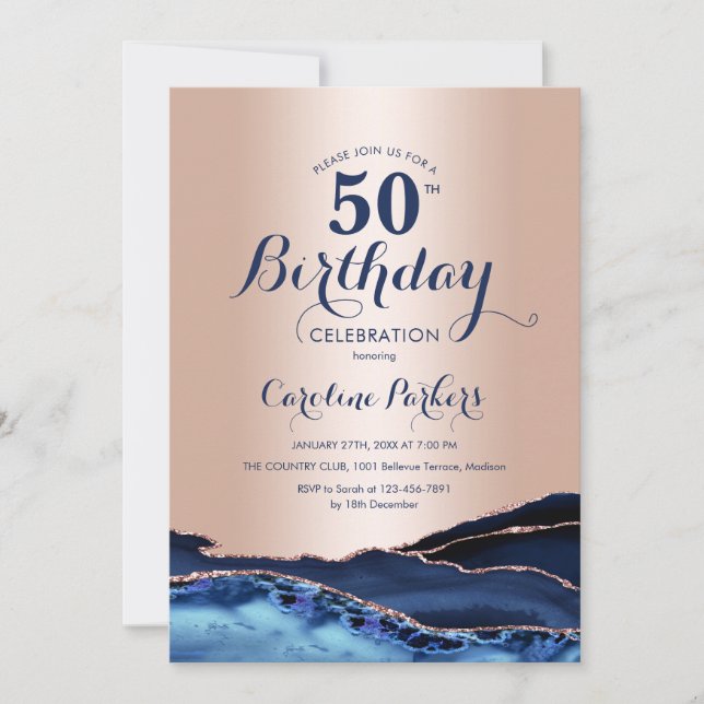 Rose Gold Navy Blue Marble 50th Birthday Invitation (Front)