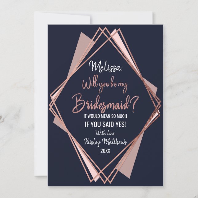 Rose Gold Navy Blue Mauve Geometric Bridesmaid Invitation (Front)