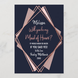 Rose Gold Navy Blue Mauve Geometric Maid of Honour Invitation
