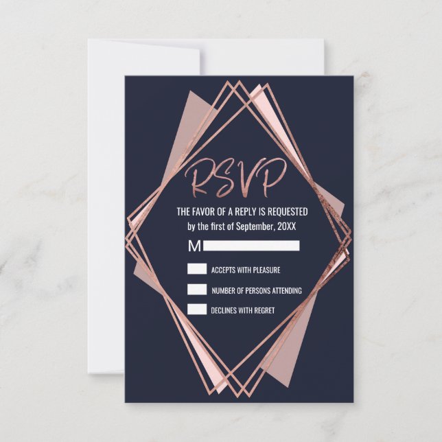 Rose Gold Navy Blue Mauve Geometric RSVP Card (Front)