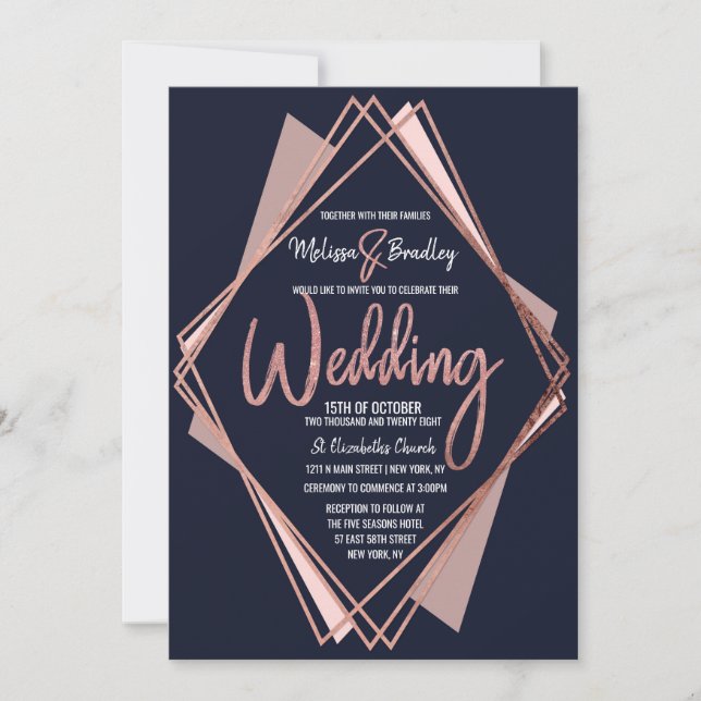 Rose Gold Navy Blue Mauve Geometric Wedding Invitation (Front)
