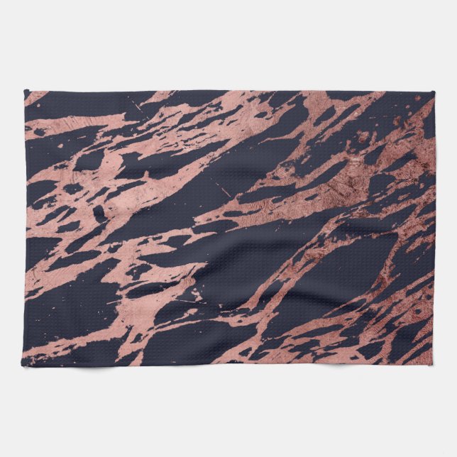 Rose Gold Navy Blue Modern Chic Marble Pattern Tea Towel (Horizontal)
