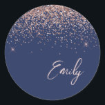 Rose Gold Navy Blue Monogram Glam Name Classic Round Sticker<br><div class="desc">Rose Gold - Blush Pink and Navy Blue Faux Foil Metallic Sparkle Glitter Brushed Metal Monogram Name and Initial Paper Party Sticker Address Labels. This makes the perfect sweet 16 birthday,  wedding,  bridal shower,  anniversary,  baby shower or bachelorette party gift for someone that loves glam luxury and chic styles.</div>