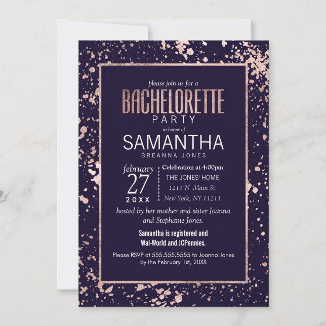 Rose Gold Navy Blue Paint Splatters Bachelorette Invitation (Front)
