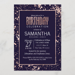 Rose Gold Navy Blue Paint Splatters Birthday Party Invitation