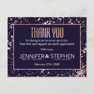 Rose Gold Navy Blue Paint Splatters Thank You Postcard