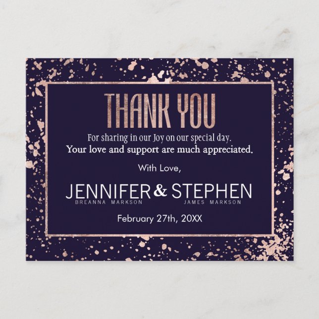 Rose Gold Navy Blue Paint Splatters Thank You Postcard (Front)