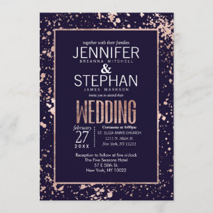 Rose Gold Navy Blue Paint Splatters Wedding Invite
