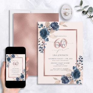 Rose Gold Navy Blue Pink 60th Birthday Floral  Invitation