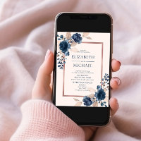 Rose Gold Navy Blue Pink Floral Photo Wedding