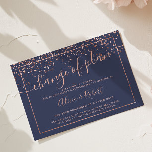 Rose gold navy blue script postponed change plan invitation
