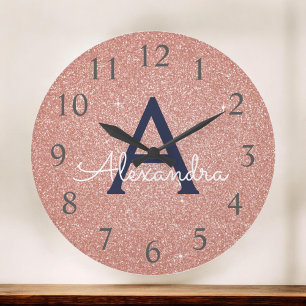 Rose Gold Navy Blue Sparkle Glitter Monogram Name Large Clock