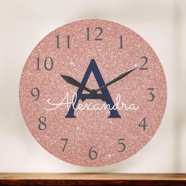 Rose Gold Navy Blue Sparkle Glitter Monogram Name Large Clock (Creator Uploaded)