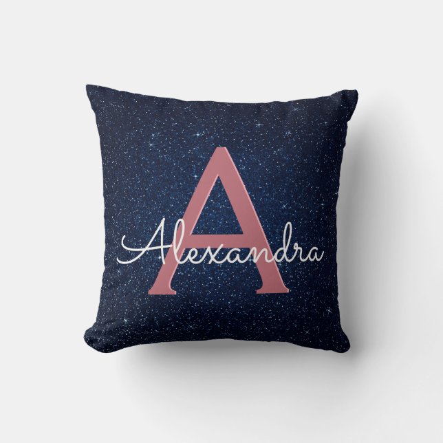 Rose Gold & Navy Blue Sparkle Glitter Monogrammed Cushion (Front)