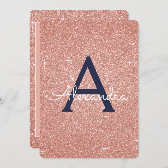 Rose Gold Navy Blue Sparkle Glitter Sweet 16 Invitation (Front/Back)
