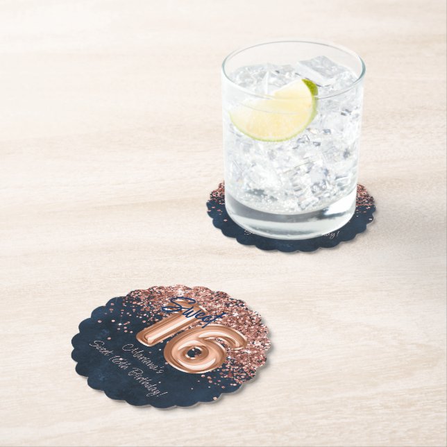  Rose Gold Navy Blue Sweet 16th Birthday Party Paper Coaster (Insitu)