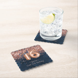 Rose Gold Navy Blue Sweet 16th Birthday Party Paper Coaster