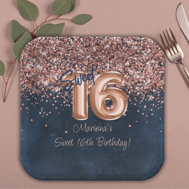  Rose Gold Navy Blue Sweet 16th Birthday Party Paper Plate (Creator Uploaded)