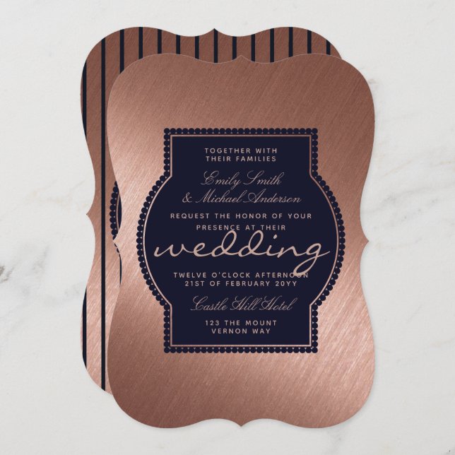Rose Gold Navy Blue Wedding Invites Metallic (Front/Back)