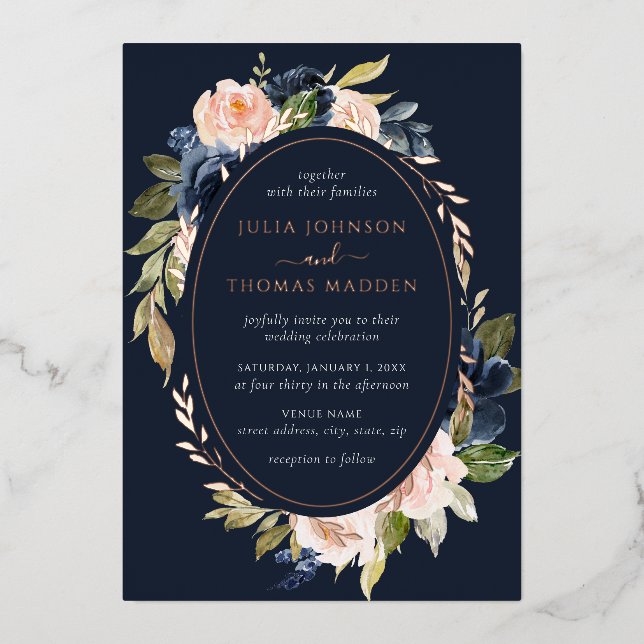 Rose Gold Navy Blush Wedding Floral Foliage  (Front)