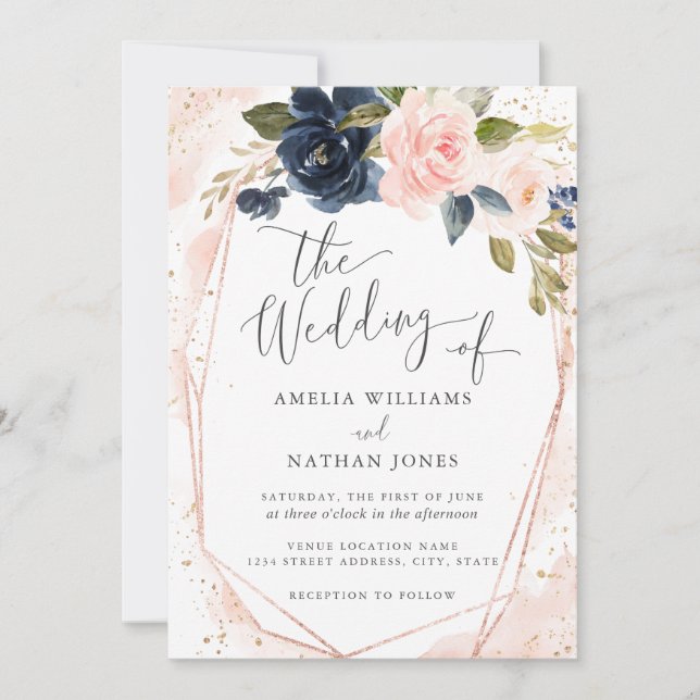 Rose Gold Navy Botanical Watercolor Wedding Invitation (Front)