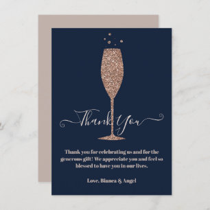 Rose Gold Navy Champagne Bubbly Bridal Thank You Invitation