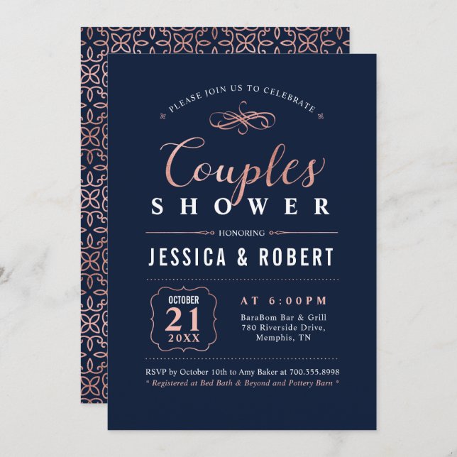 Rose Gold & Navy | Elegant Couples Wedding Shower Invitation (Front/Back)