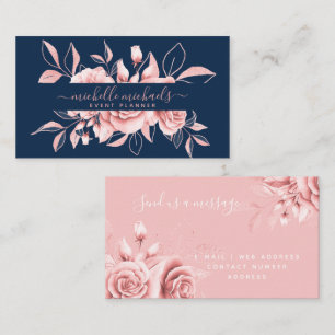 Rose Gold Navy Floral Watercolor Event Planner Business Card