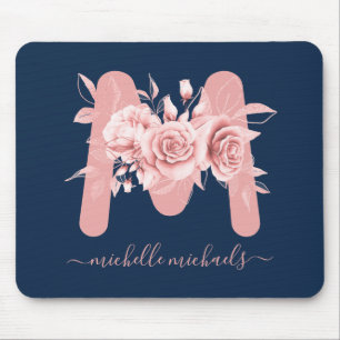 Rose Gold Navy Floral Watercolor Monogram Mouse Pad