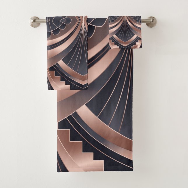 Rose Gold Navy Geometric Neo Art Deco Bath Towel Set (Insitu)