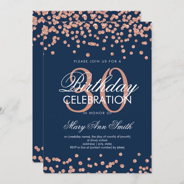Rose Gold Navy Glitter Confetti 30th Birthday Invitation (Front/Back)