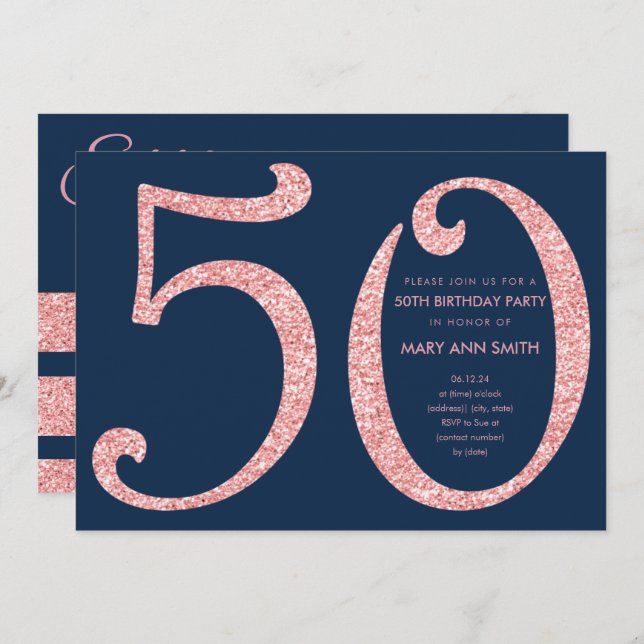 Rose Gold Navy Glitter Surprise 50th Birthday Invitation (Front/Back)