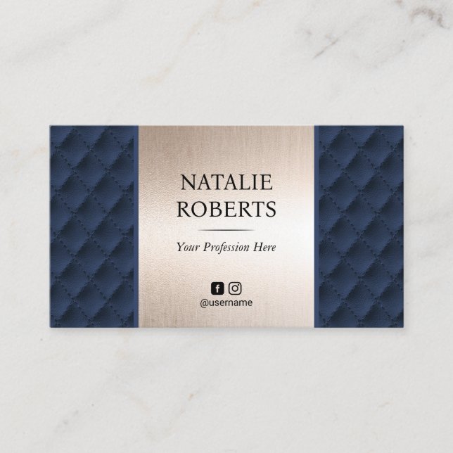 Rose Gold & Navy Leather Modern Beauty Salon & SPA Business Card (Front)