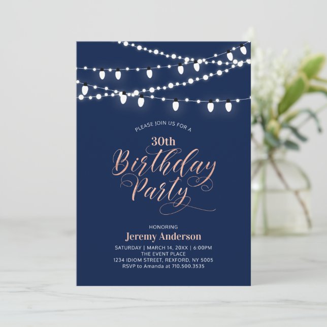 Rose gold & Navy Modern 60th Adult Birthday Party Invitation (Standing Front)