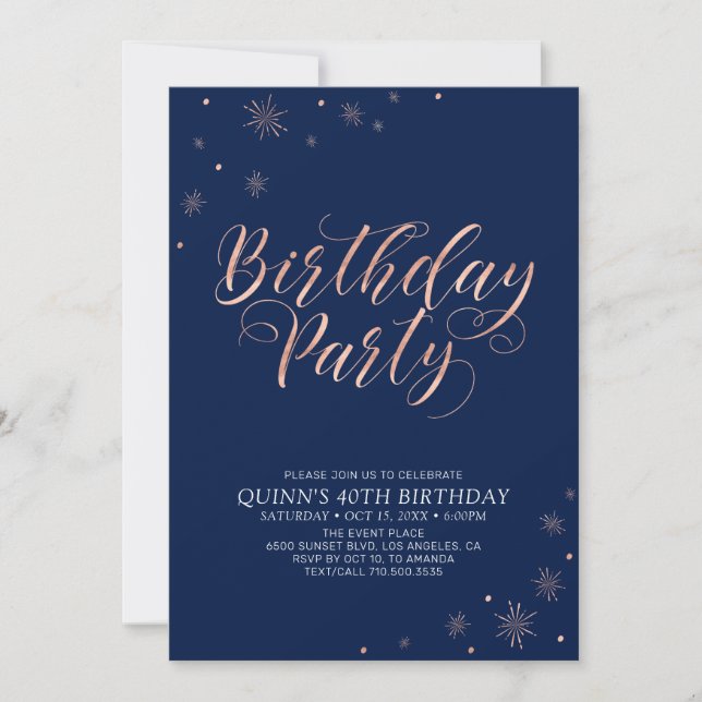 Rose Gold & Navy Modern Chic Adult Birthday Party Invitation (Front)