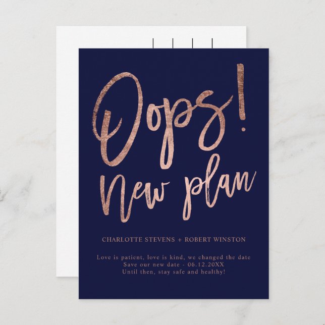 Rose gold navy new plan wedding change the date announcement postcard (Front/Back)