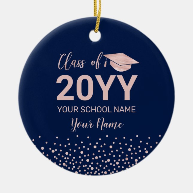 Rose Gold & Navy Photo Graduation Christmas Gift Ceramic Tree Decoration (Front)