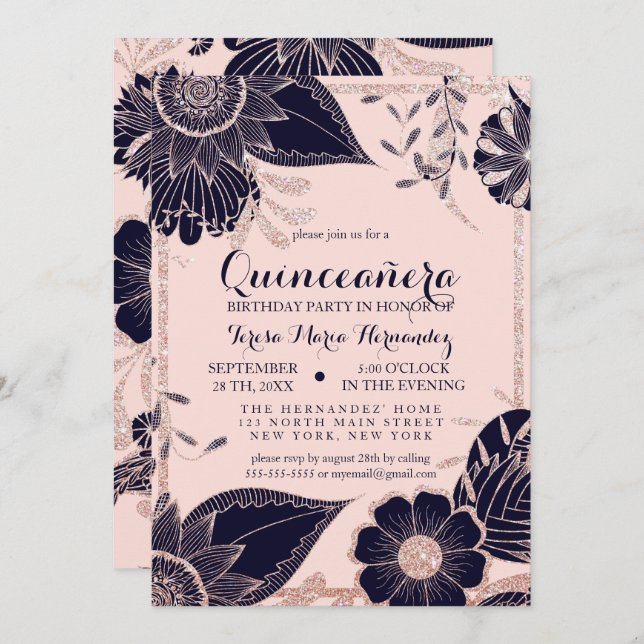 Rose Gold Navy Pink Floral Glitter Quinceañera Invitation (Front/Back)