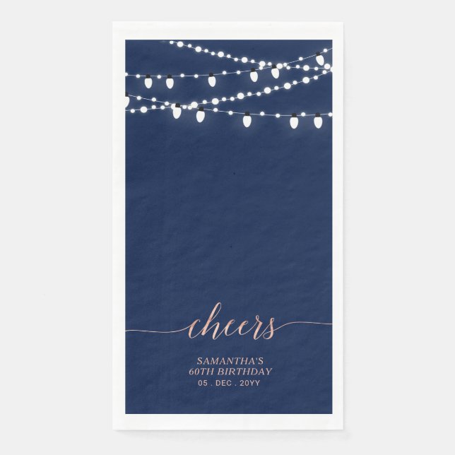 Rose Gold & Navy String Lights Elegant Cheers Napkin (Front)