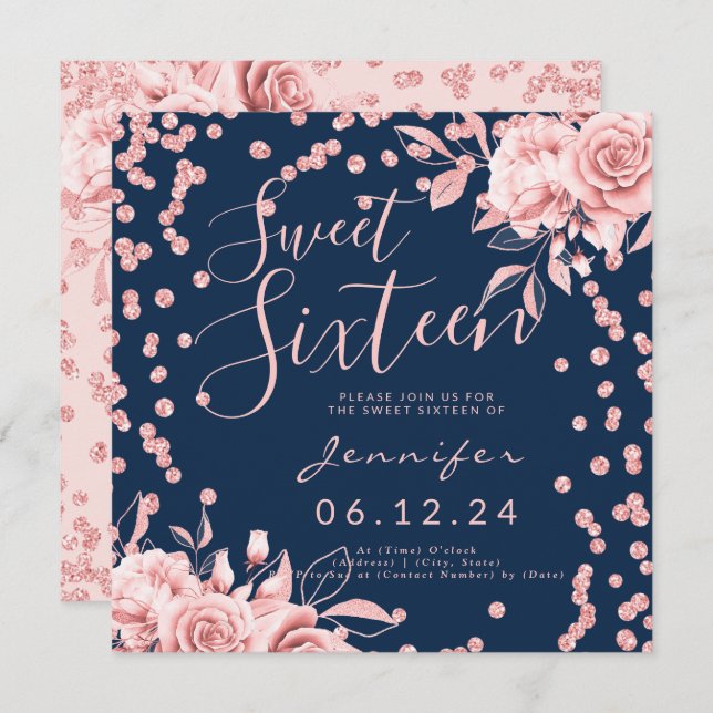 Rose Gold Navy Sweet 16 Glitter Confetti Floral Invitation (Front/Back)