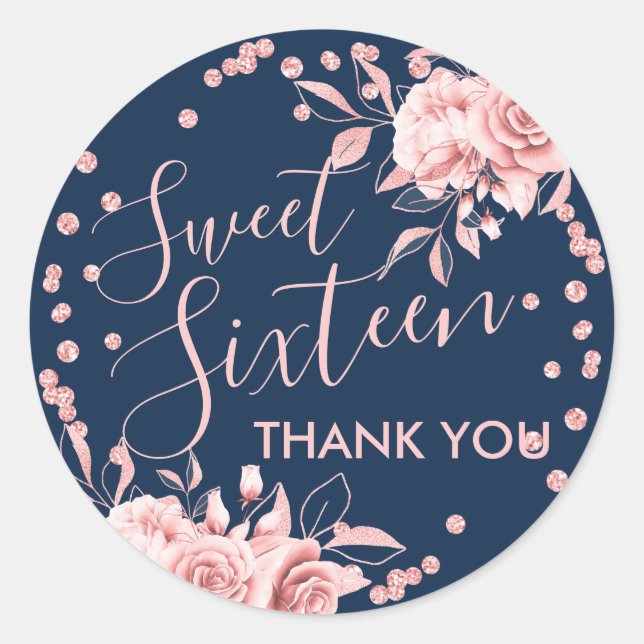 Rose Gold Navy Sweet 16 Thank You Floral Glitter Classic Round Sticker (Front)